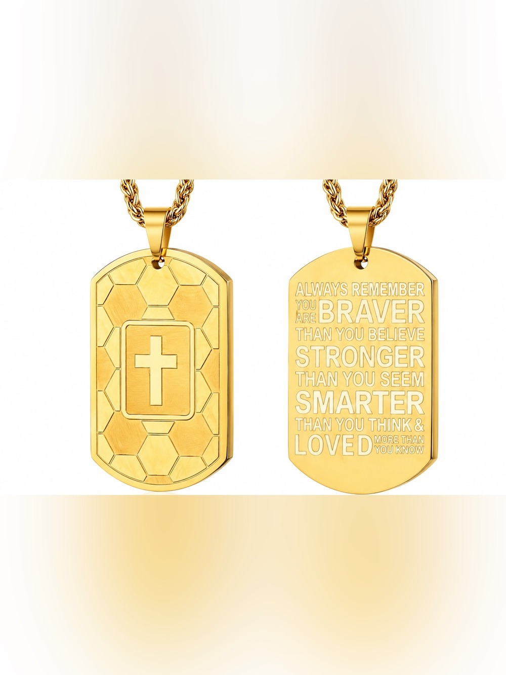 Gold Cross Dog Tag Necklace Inspirational Bible Verse Pendant | Stainless Steel
